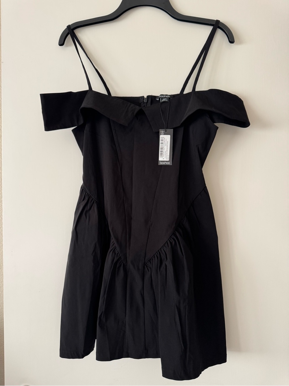 Boohoo Black Off-Shoulder Mini Dress with Spaghetti Straps
